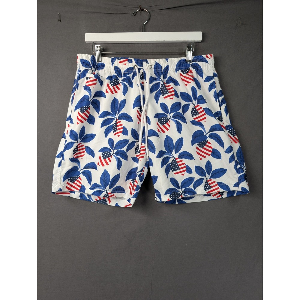 Free Planet Mens American Flag Fruit Print Swim Trunks White Blue Large